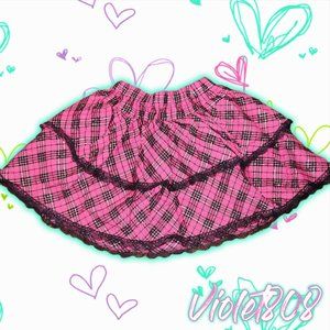 [L] Pink/Black Plaid/Tartan Lace Ruffle Mini Skirt w Gold Accents